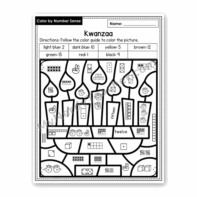 Kwanzaa Color by Number Sense — Numbers to 20 Worksheet (Set 3)