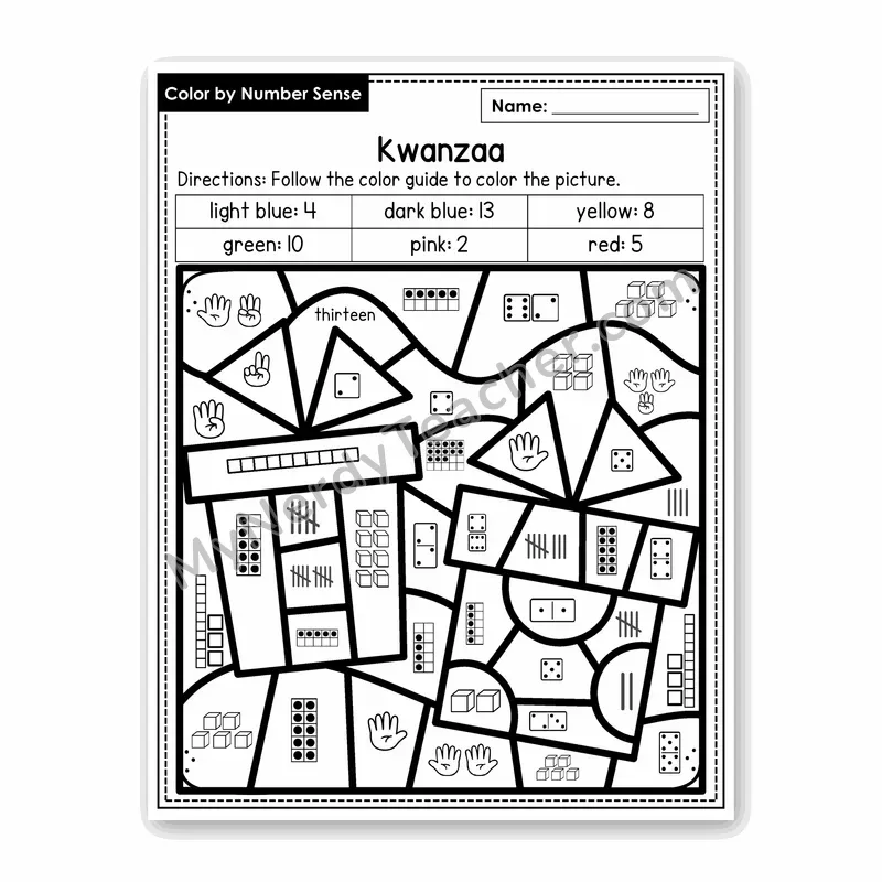 Kwanzaa Color by Number Sense — Numbers to 20 Worksheet (Set 1)