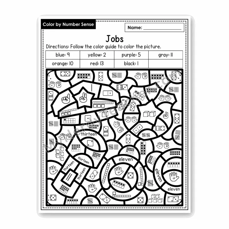 Jobs Color by Number Sense — Numbers to 20 Worksheet (Set 7)
