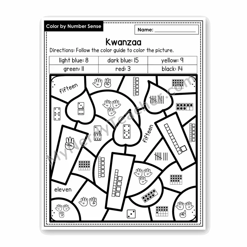 Kwanzaa Color by Number Sense — Numbers to 20 Worksheet (Set 5)