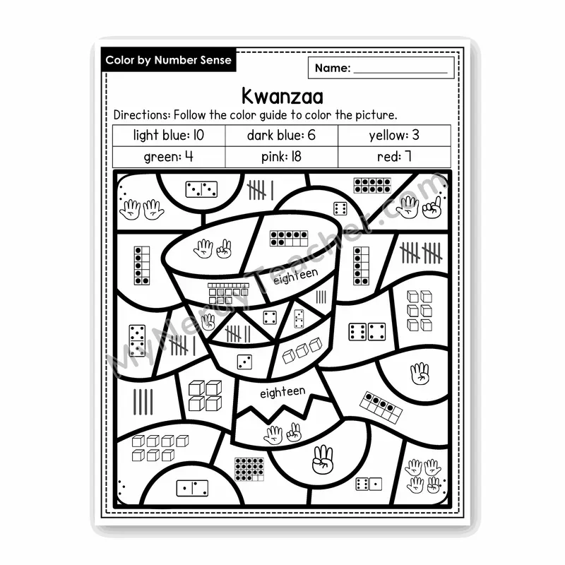 Kwanzaa Color by Number Sense — Numbers to 20 Worksheet (Set 8)
