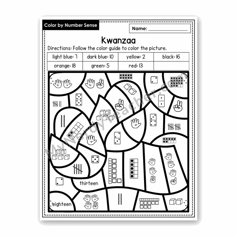Kwanzaa Color by Number Sense — Numbers to 20 Worksheet (Set 6)