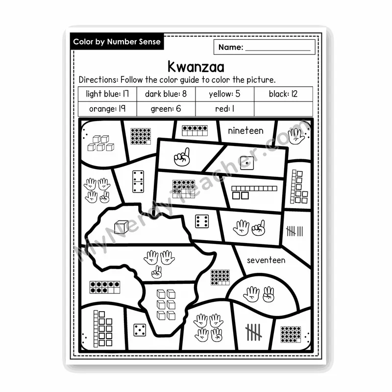 Kwanzaa Color by Number Sense — Numbers to 20 Worksheet (Set 7)