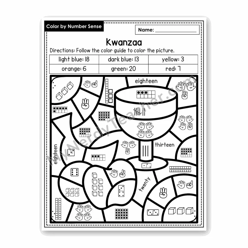 Kwanzaa Color by Number Sense — Numbers to 20 Worksheet (Set 4)