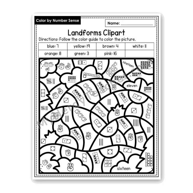 Landforms Clipart Color by Number Sense — Numbers to 20 Worksheet (Set 5)
