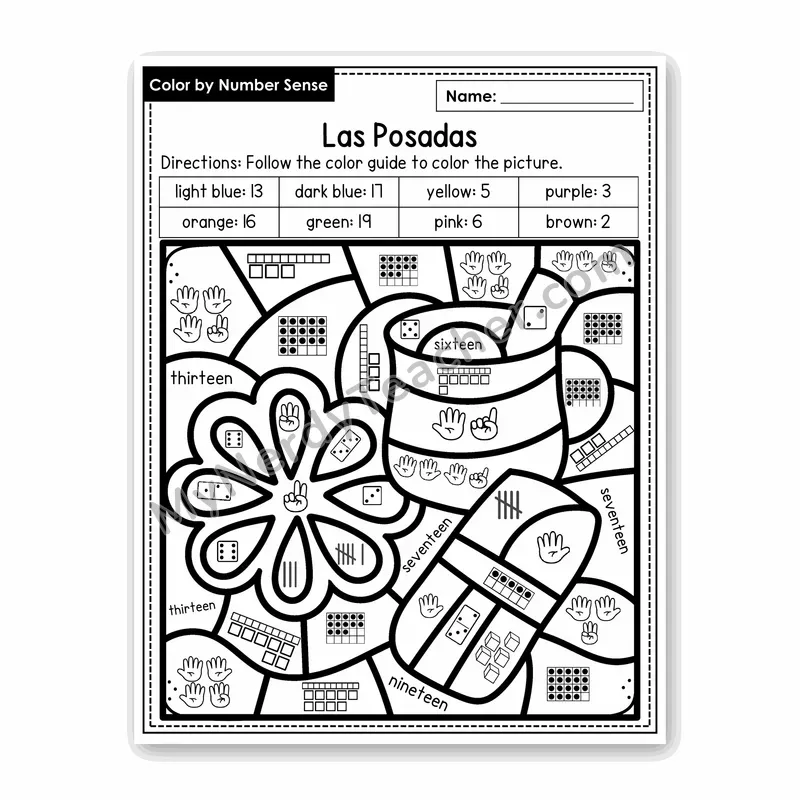 Las Posadas Color by Number Sense — Numbers to 20 Worksheet (Set 1)