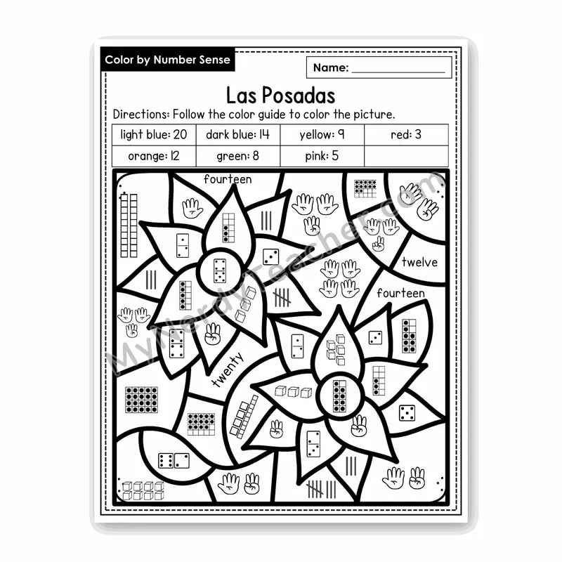Las Posadas Color by Number Sense — Numbers to 20 Worksheet (Set 2)