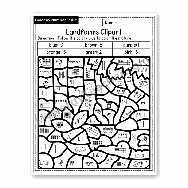 Landforms Clipart Color by Number Sense — Numbers to 20 Worksheet (Set 6)