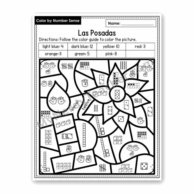 Las Posadas Color by Number Sense — Numbers to 20 Worksheet (Set 6)