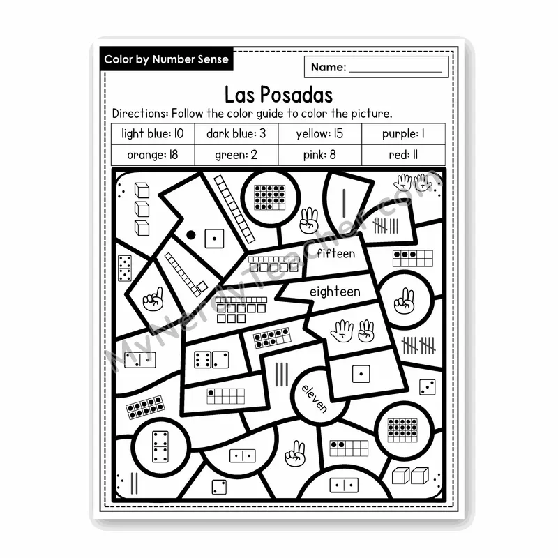 Las Posadas Color by Number Sense — Numbers to 20 Worksheet (Set 5)