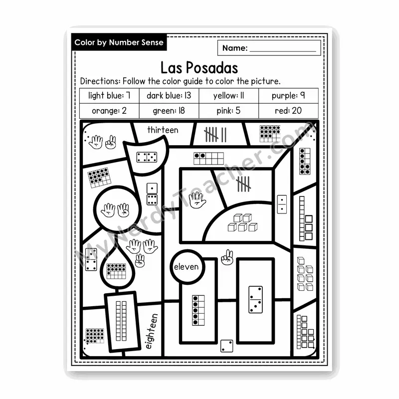 Las Posadas Color by Number Sense — Numbers to 20 Worksheet (Set 4)