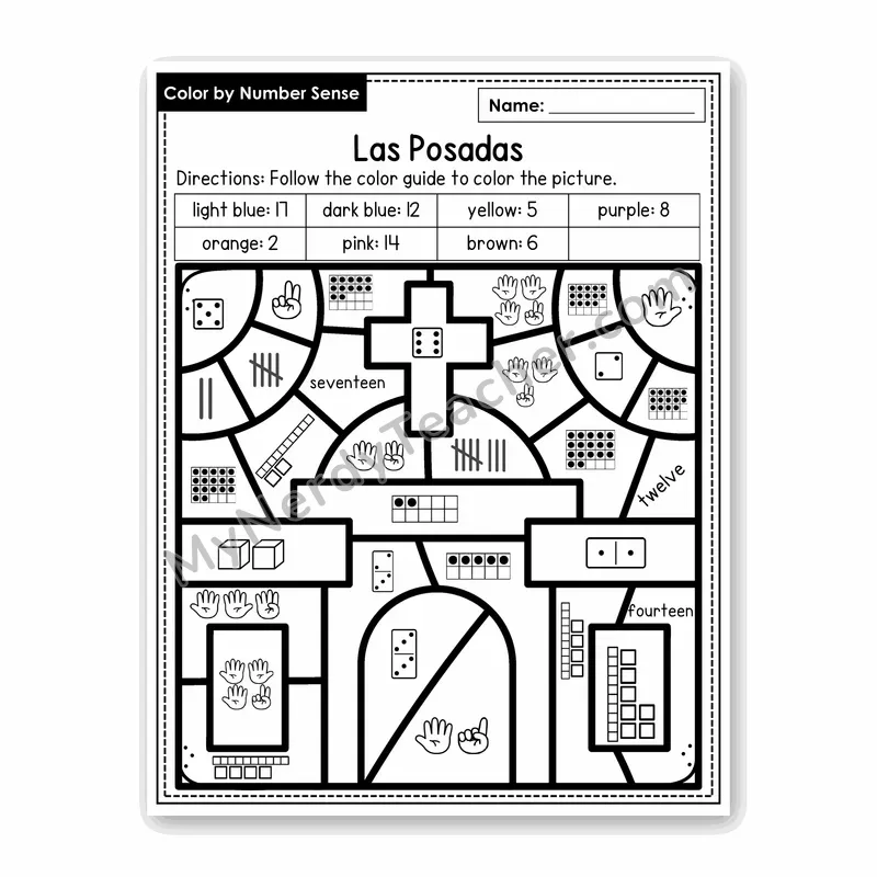 Las Posadas Color by Number Sense — Numbers to 20 Worksheet (Set 7)