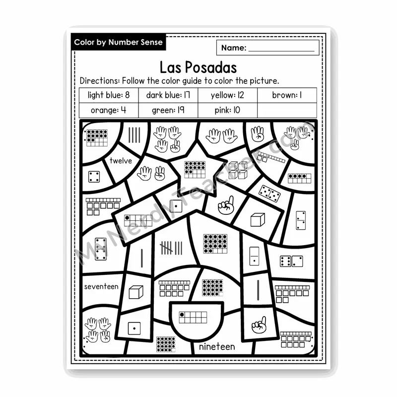 Las Posadas Color by Number Sense — Numbers to 20 Worksheet (Set 3)