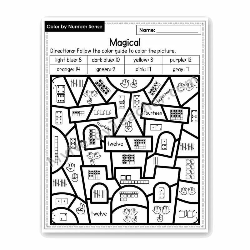 Magical Color by Number Sense — Numbers to 20 Worksheet (Set 1)