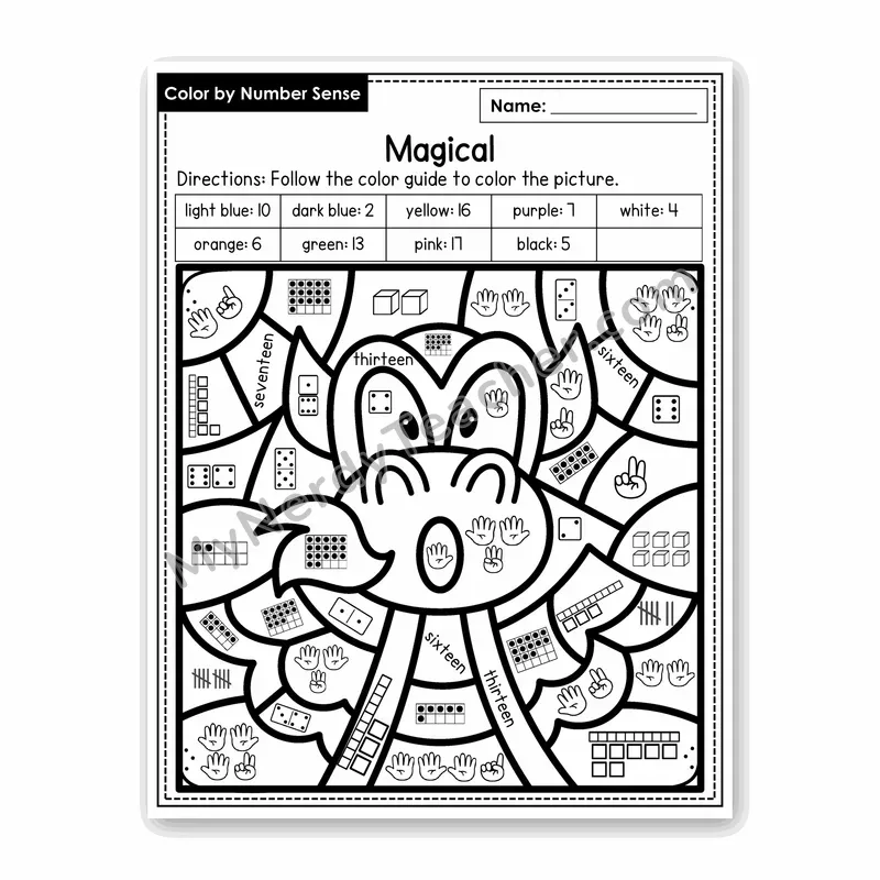 Magical Color by Number Sense — Numbers to 20 Worksheet (Set 2)