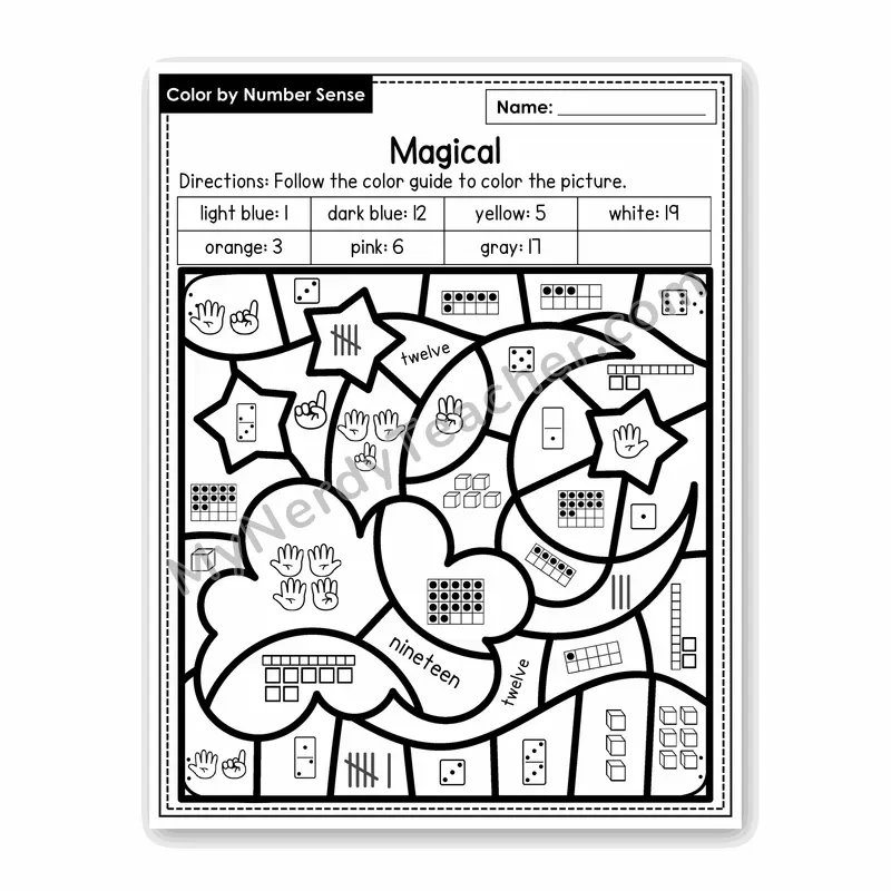 Magical Color by Number Sense — Numbers to 20 Worksheet (Set 4)
