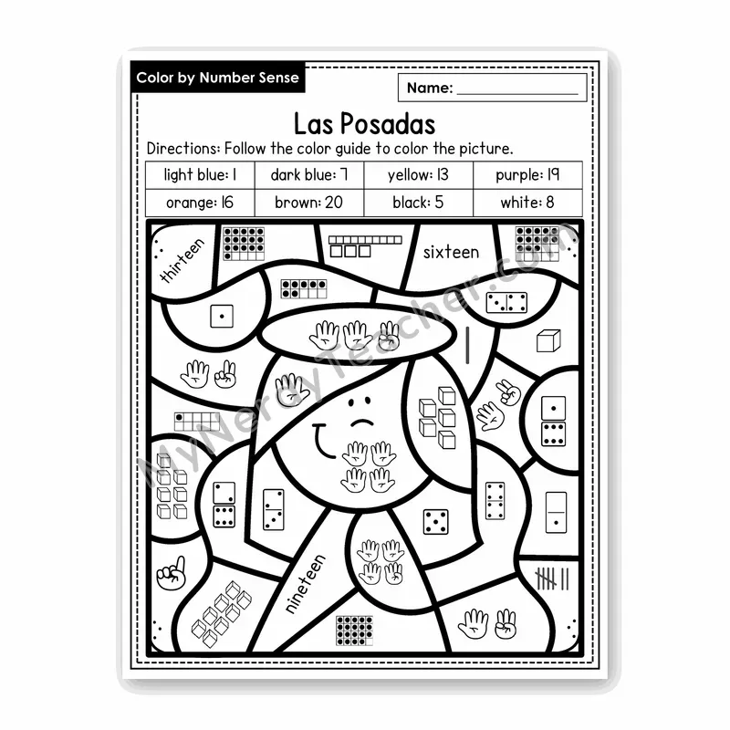 Las Posadas Color by Number Sense — Numbers to 20 Worksheet (Set 8)