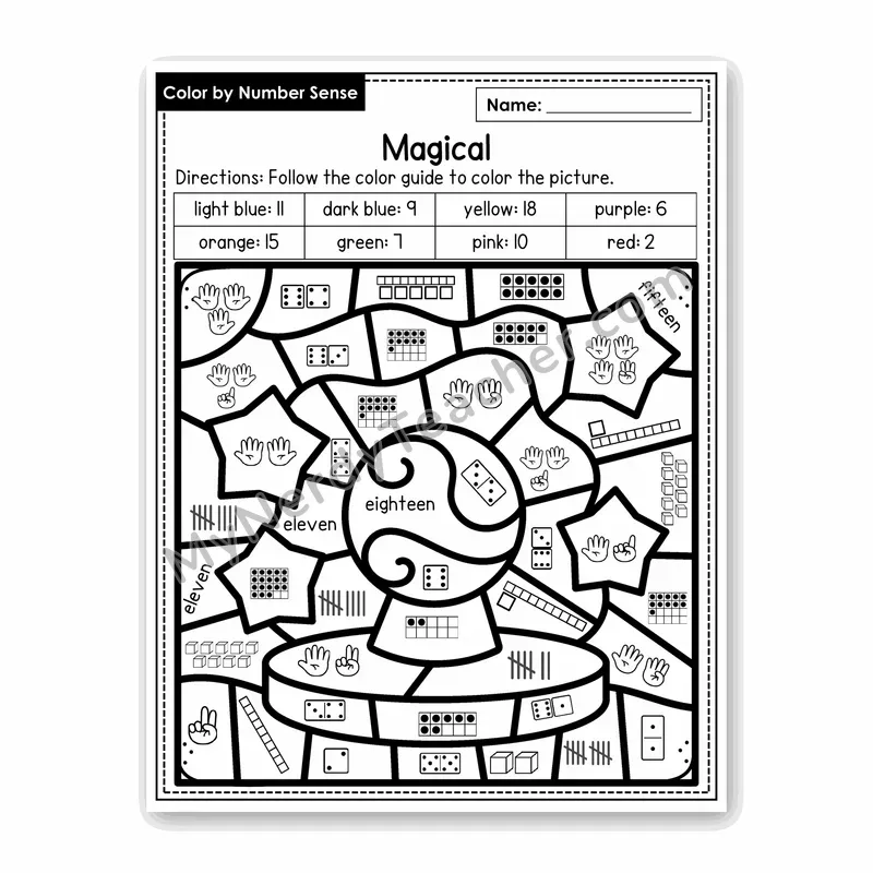 Magical Color by Number Sense — Numbers to 20 Worksheet (Set 3)