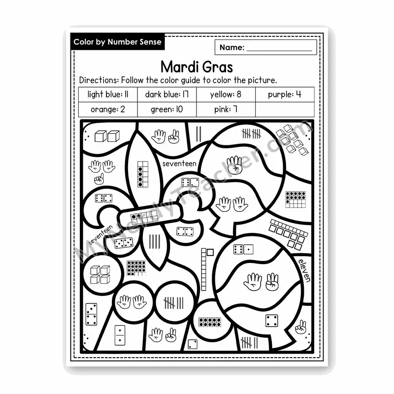 Mardi Gras Color by Number Sense — Numbers to 20 Worksheet (Set 3)