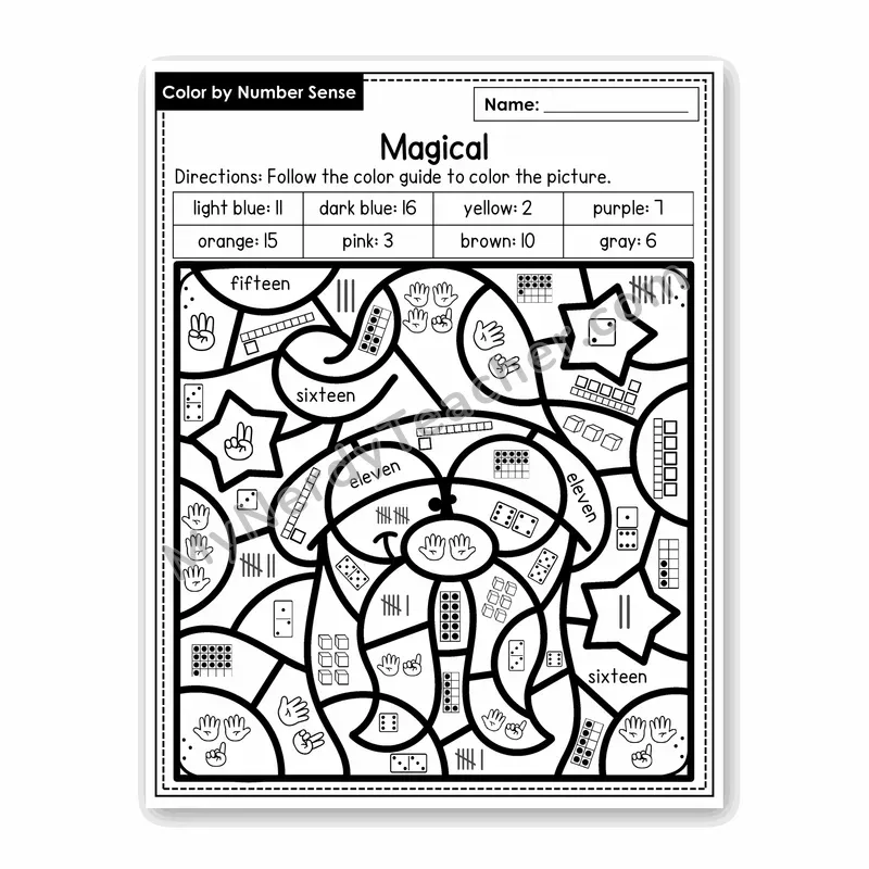 Magical Color by Number Sense — Numbers to 20 Worksheet (Set 6)