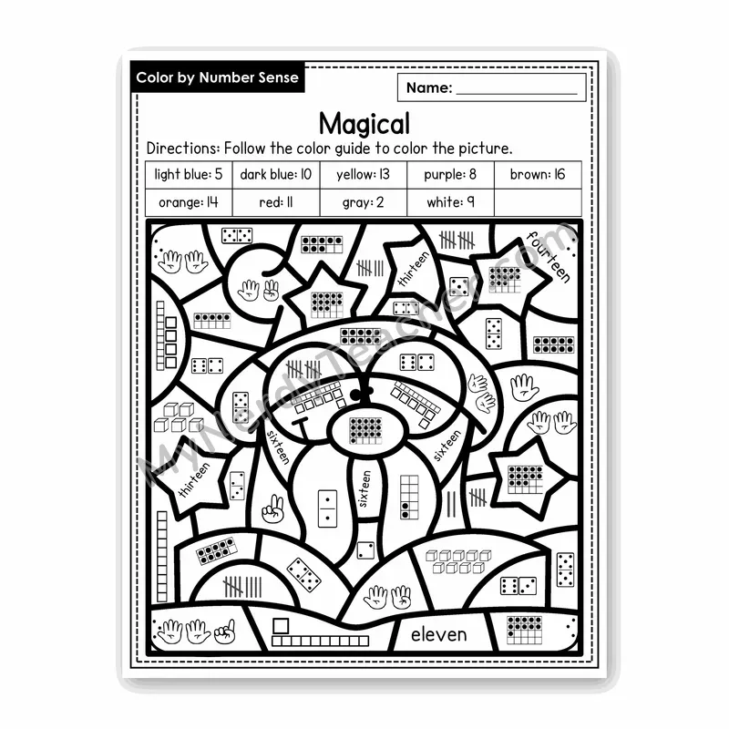 Magical Color by Number Sense — Numbers to 20 Worksheet (Set 5)