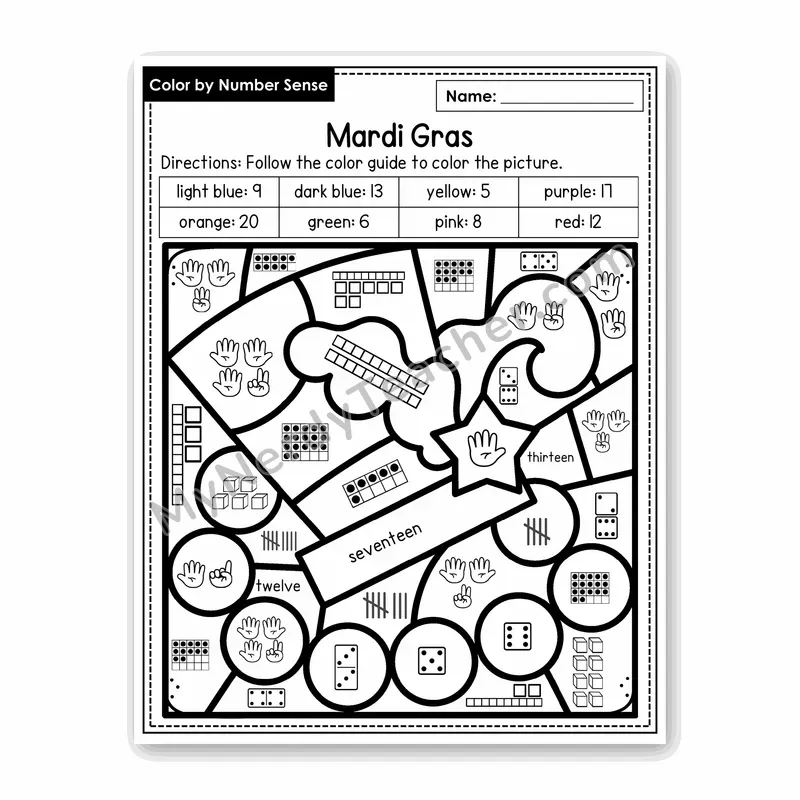 Mardi Gras Color by Number Sense — Numbers to 20 Worksheet (Set 2)