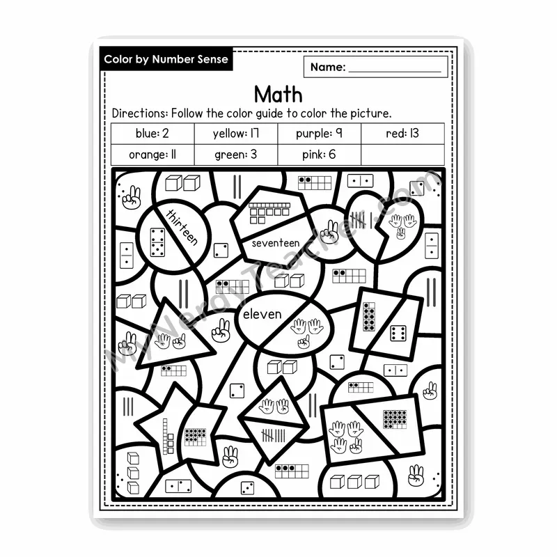Math Color by Number Sense — Numbers to 20 Worksheet (Set 1)