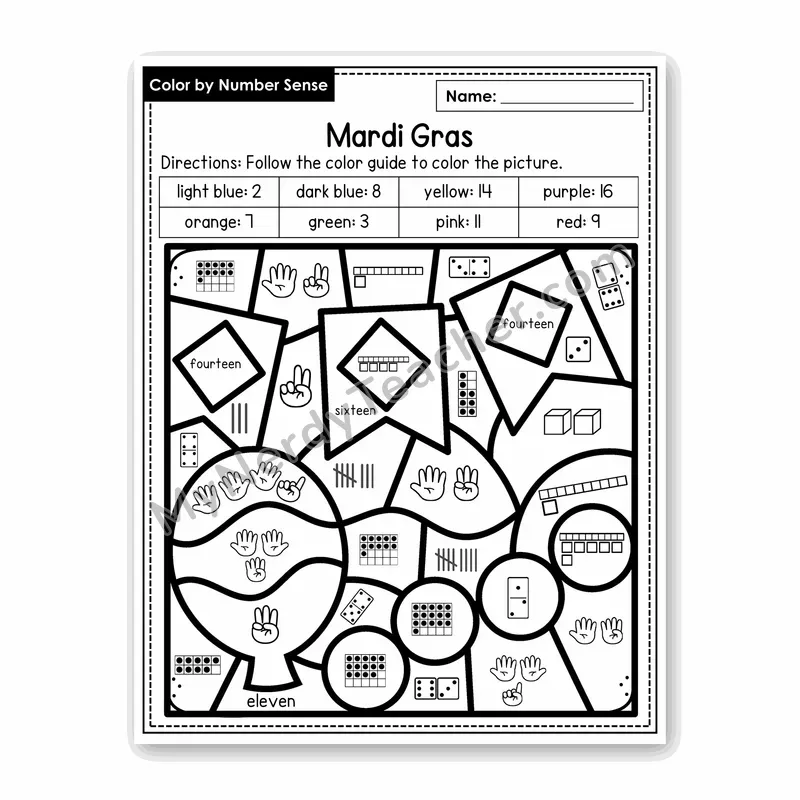 Mardi Gras Color by Number Sense — Numbers to 20 Worksheet (Set 4)