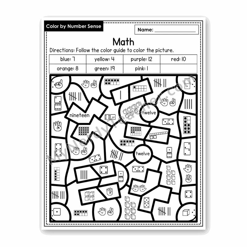 Math Color by Number Sense — Numbers to 20 Worksheet (Set 2)