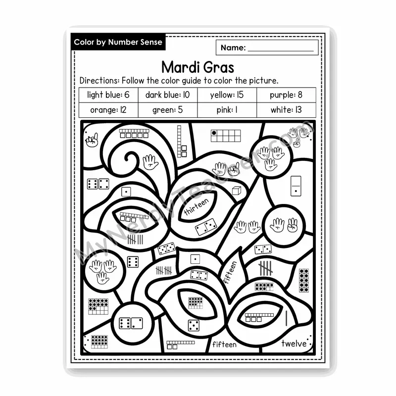 Mardi Gras Color by Number Sense — Numbers to 20 Worksheet (Set 5)
