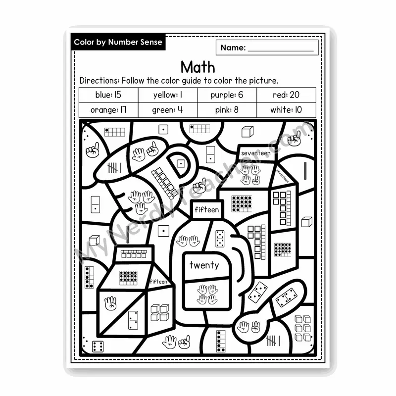 Math Color by Number Sense — Numbers to 20 Worksheet (Set 3)