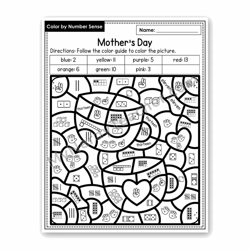 Mother's Day Color by Number Sense — Numbers to 20 Worksheet (Set 4)