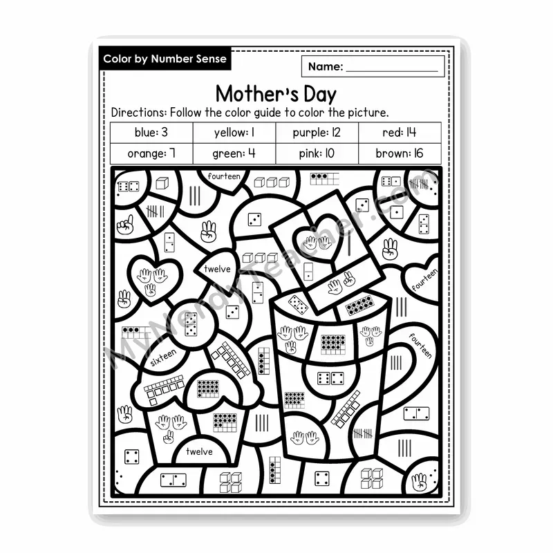 Mother's Day Color by Number Sense — Numbers to 20 Worksheet (Set 2)