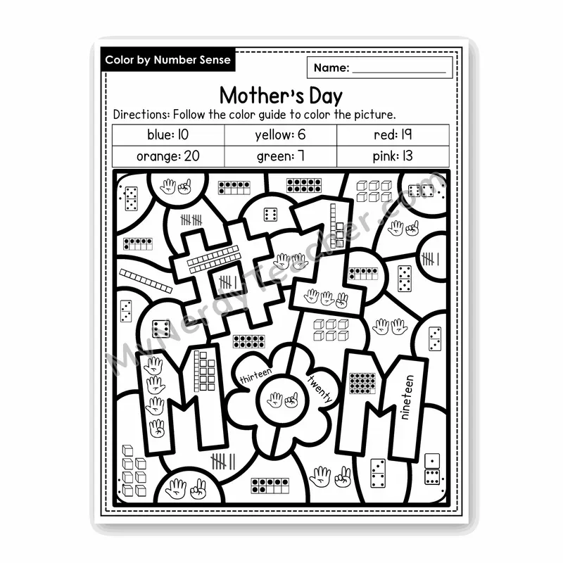 Mother's Day Color by Number Sense — Numbers to 20 Worksheet (Set 3)