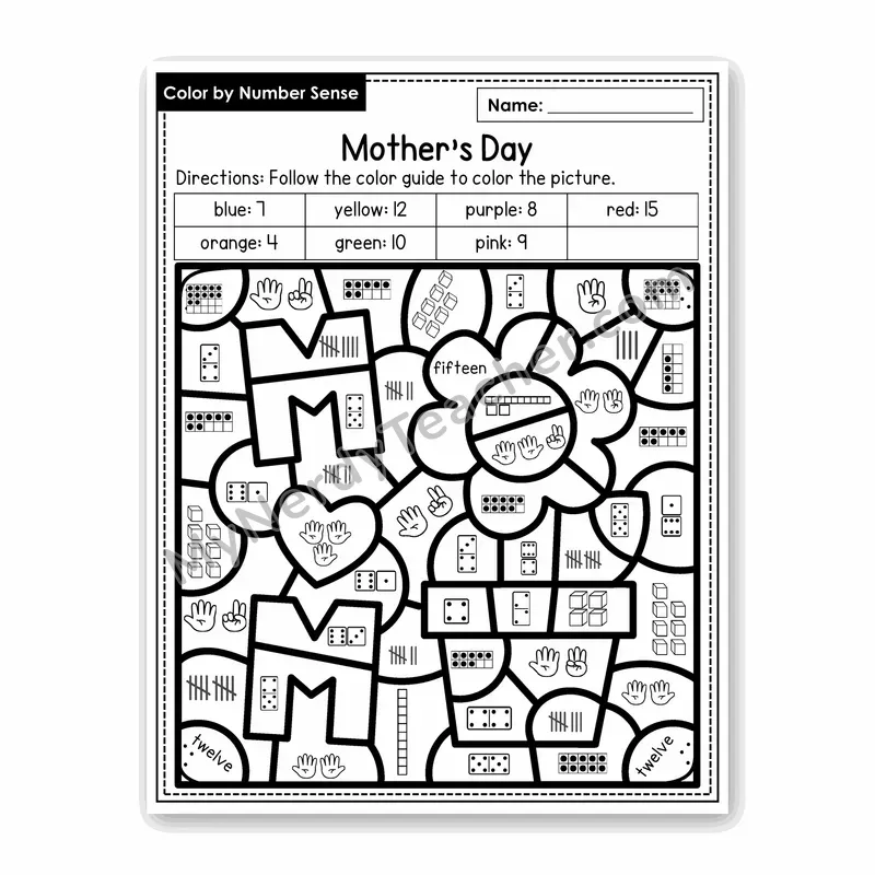 Mother's Day Color by Number Sense — Numbers to 20 Worksheet (Set 1)