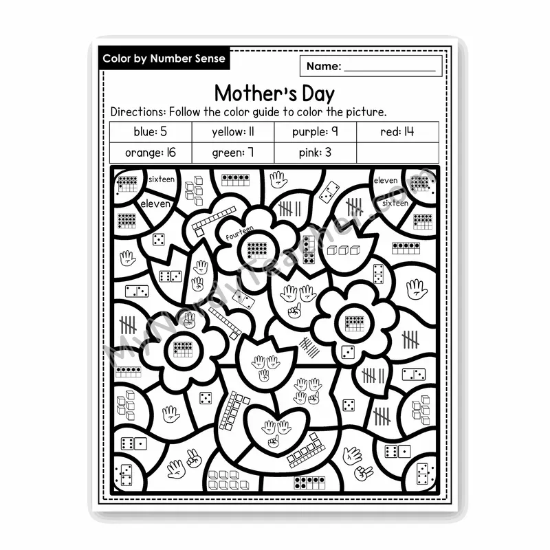 Mother's Day Color by Number Sense — Numbers to 20 Worksheet (Set 5)