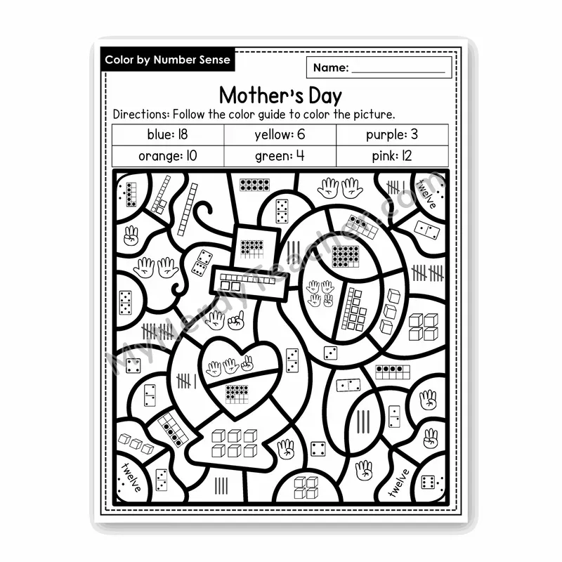 Mother's Day Color by Number Sense — Numbers to 20 Worksheet (Set 6)