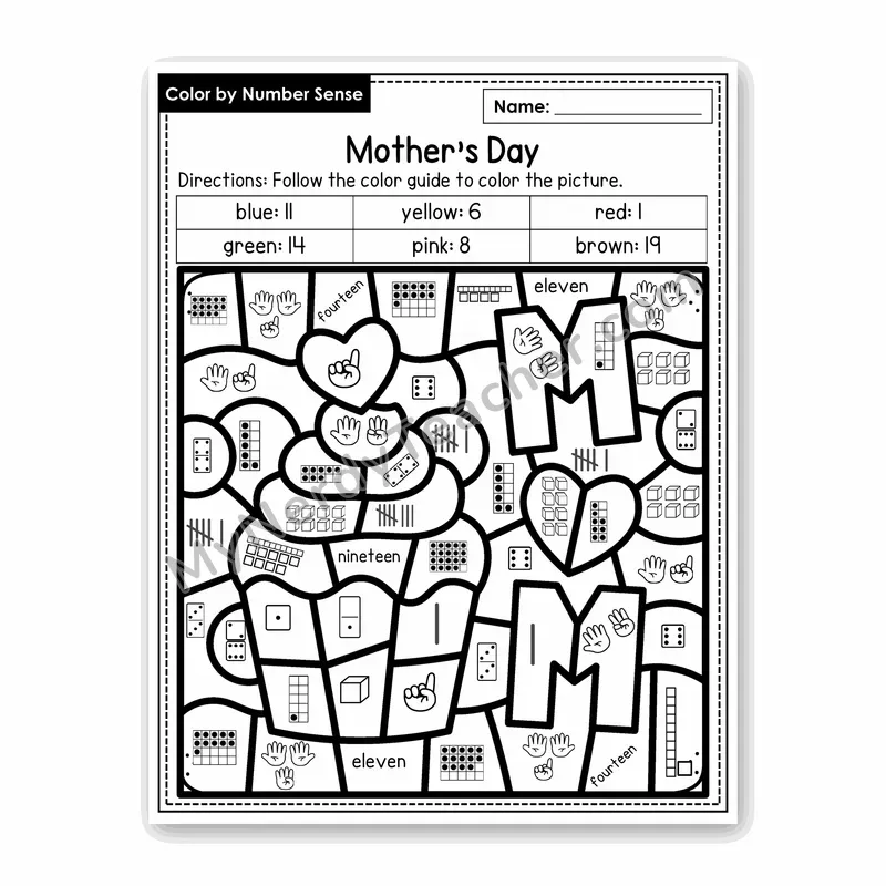 Mother's Day Color by Number Sense — Numbers to 20 Worksheet (Set 7)