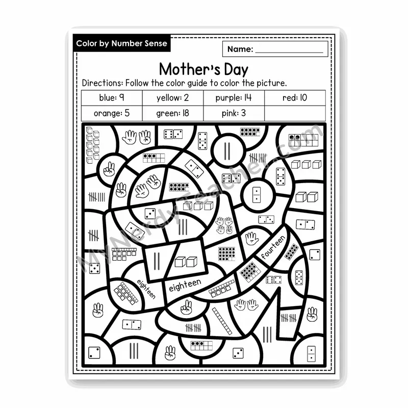 Mother's Day Color by Number Sense — Numbers to 20 Worksheet (Set 8)