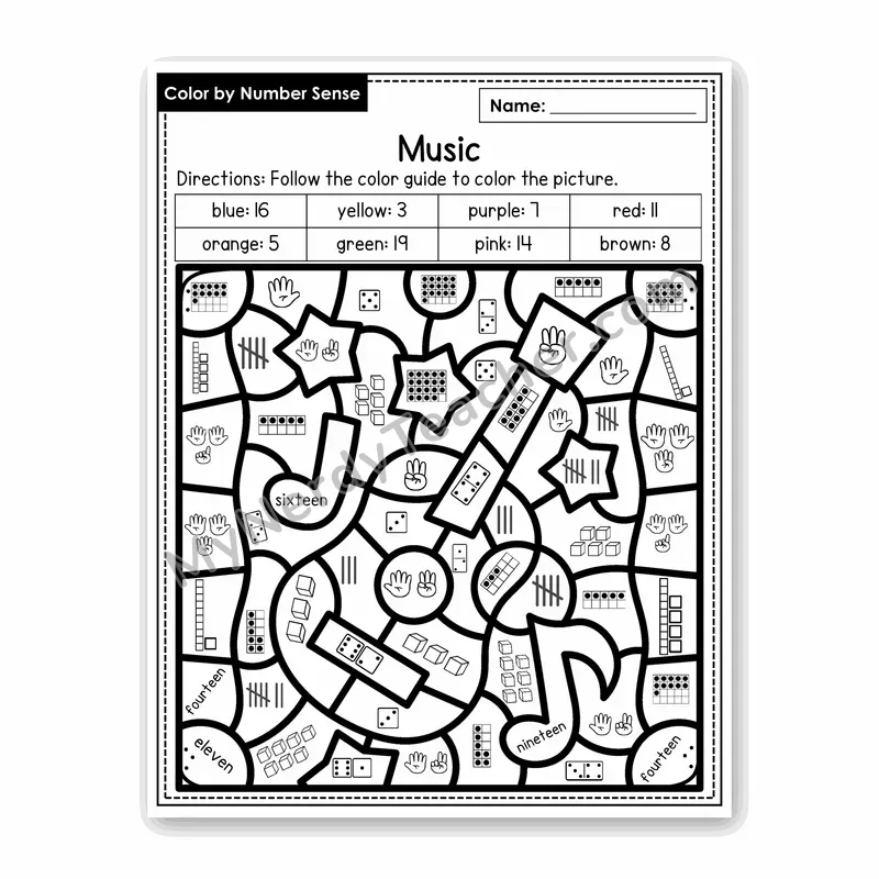 Music Color by Number Sense — Numbers to 20 Worksheet (Set 2)