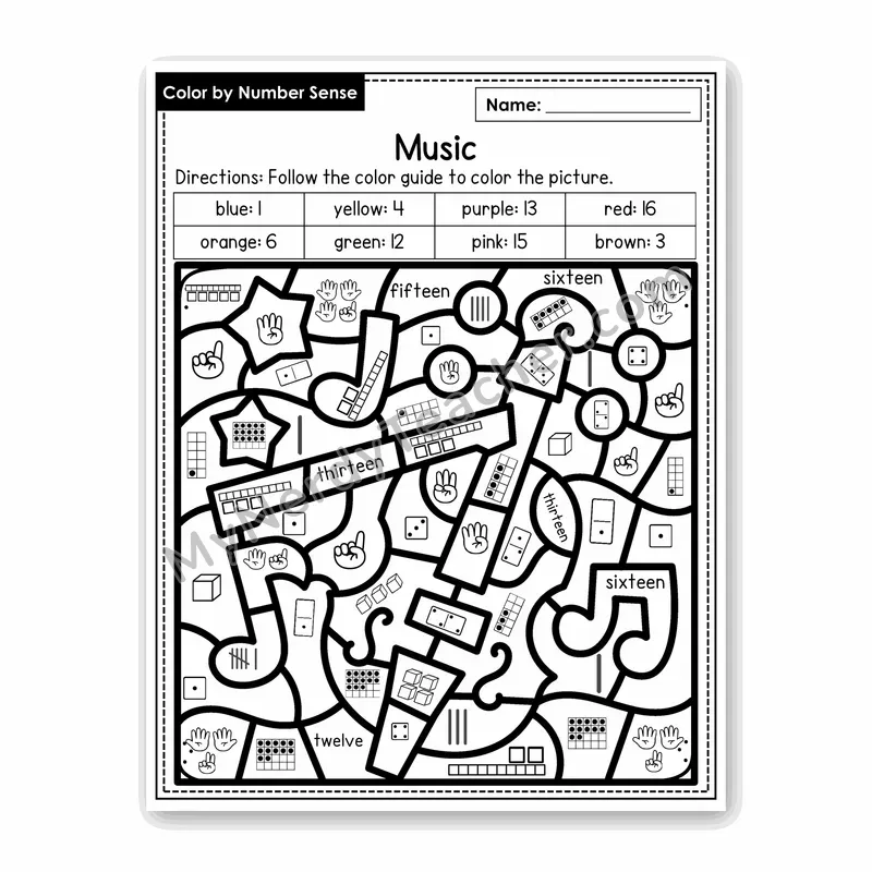 Music Color by Number Sense — Numbers to 20 Worksheet (Set 5)