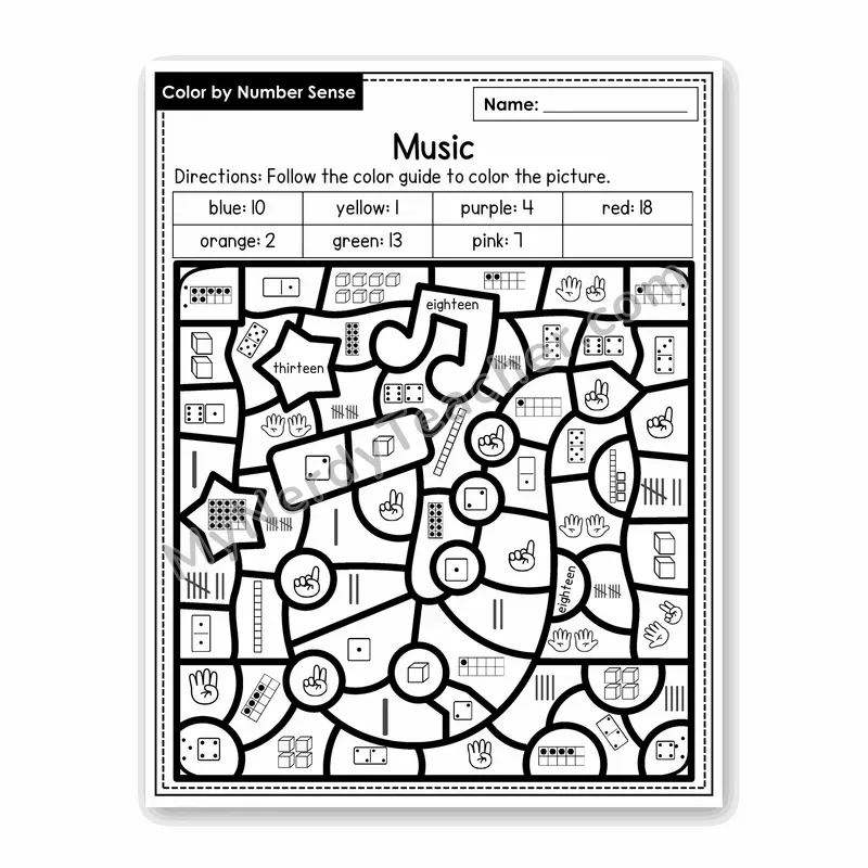 Music Color by Number Sense — Numbers to 20 Worksheet (Set 4)
