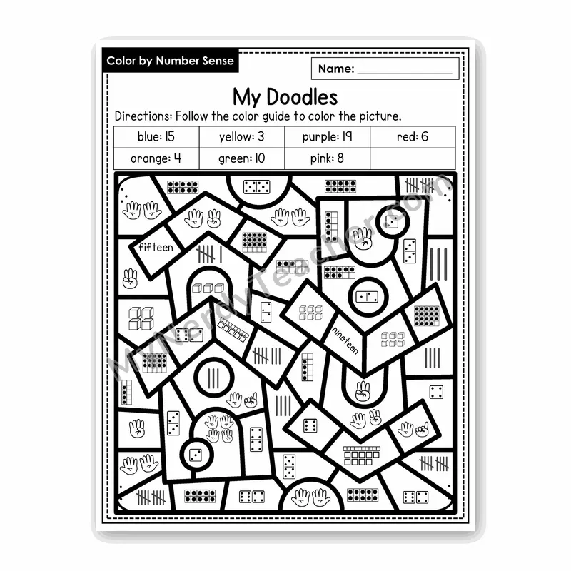 My Doodles Color by Number Sense — Numbers to 20 Worksheet (Set 3)