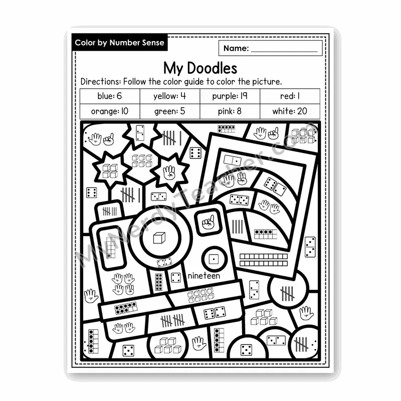 My Doodles Color by Number Sense — Numbers to 20 Worksheet (Set 1)