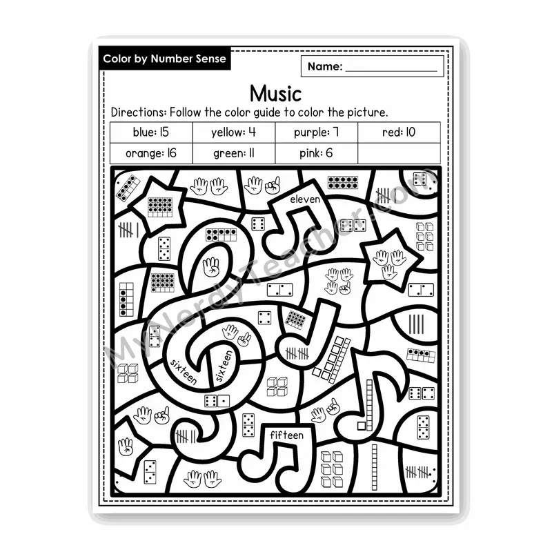 Music Color by Number Sense — Numbers to 20 Worksheet (Set 7)