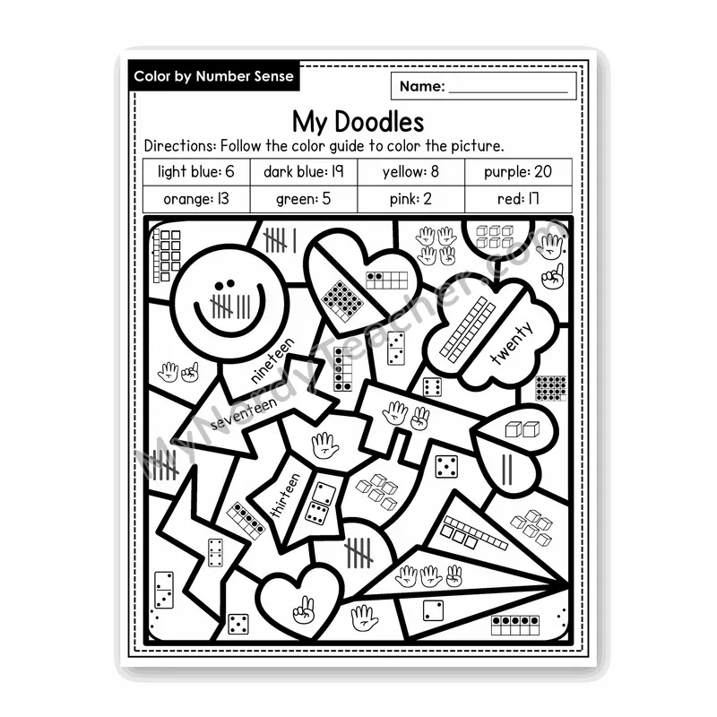 My Doodles Color by Number Sense — Numbers to 20 Worksheet (Set 7)