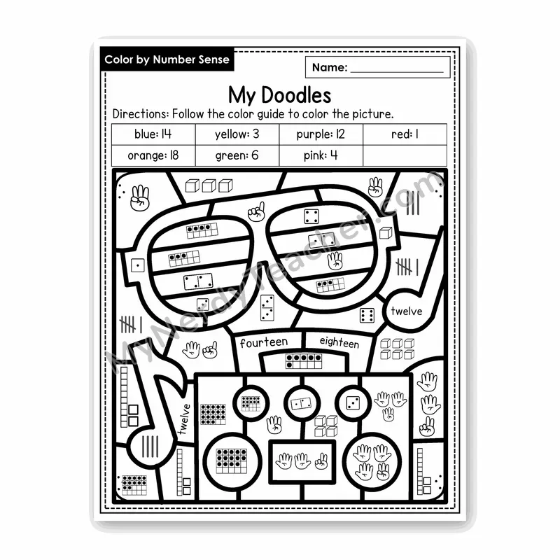 My Doodles Color by Number Sense — Numbers to 20 Worksheet (Set 8)