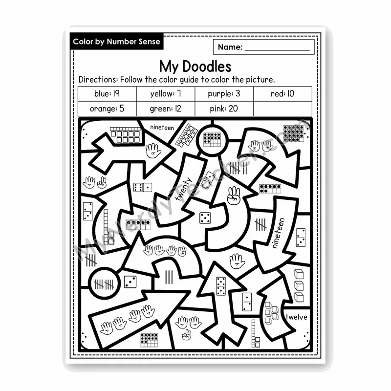 My Doodles Color by Number Sense — Numbers to 20 Worksheet (Set 6)