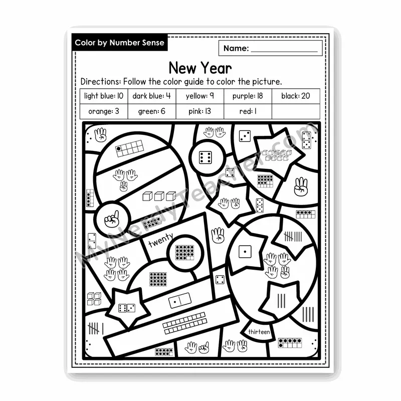 New Year Color by Number Sense — Numbers to 20 Worksheet (Set 4)