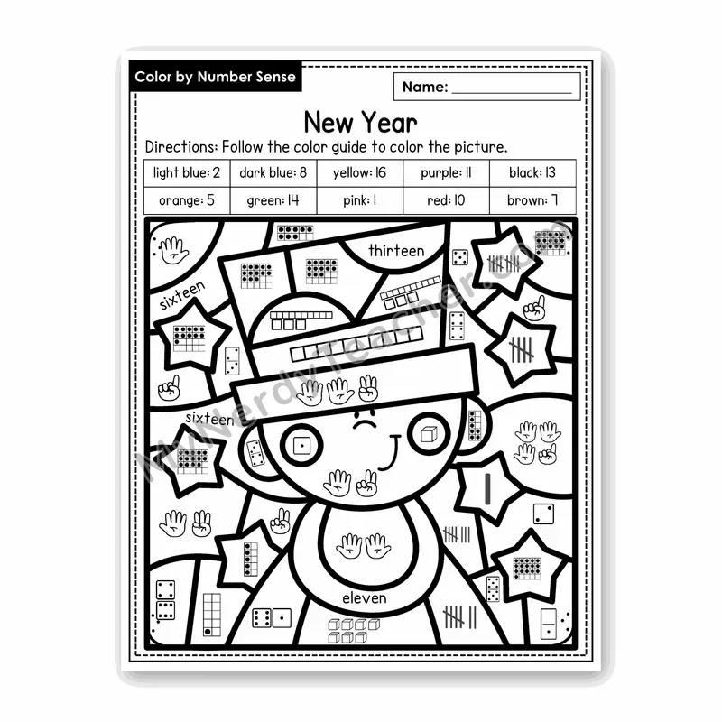 New Year Color by Number Sense — Numbers to 20 Worksheet (Set 1)